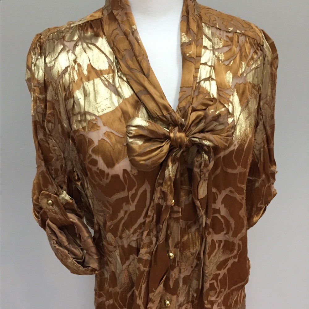Gold Alice and Olivia Pussy Bow Blouse Button Down